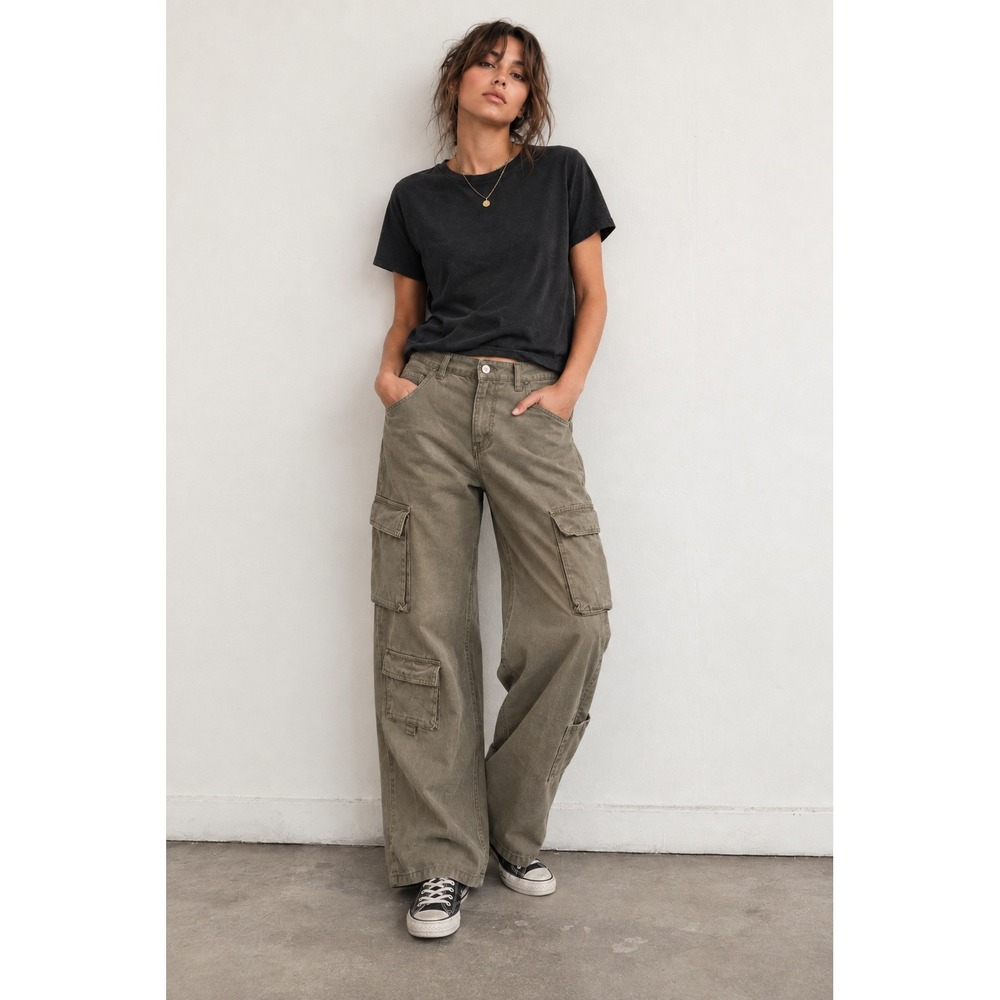 Divided Womens Olive Khaki Cotton Cargo Pants Jeans 6 Wide Leg Y2K Gorpcore